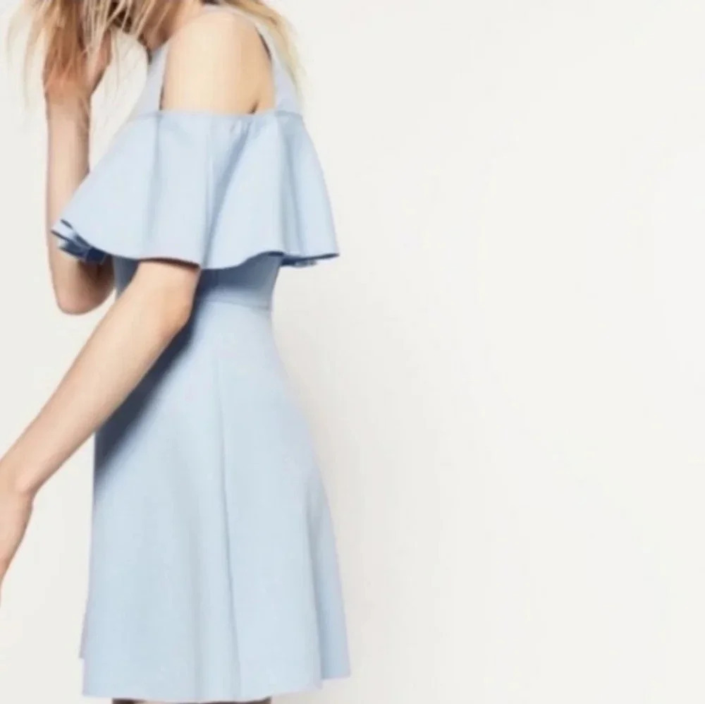 Zara Women's Cold Shoulder Ruffle Skater Mini Dress Fit and‎ Flare Blue Small